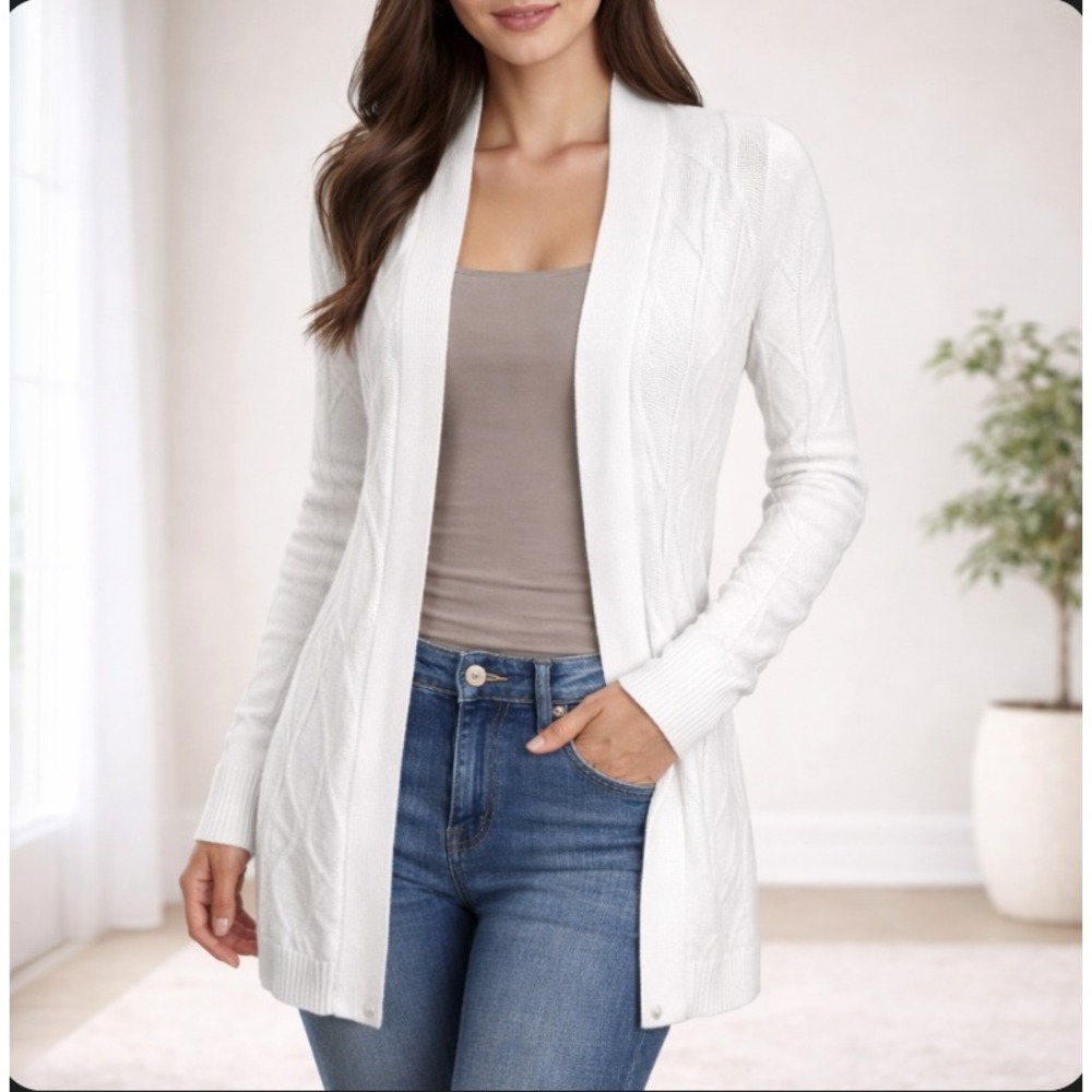 M Missoni Cardigan Women 40 White Open Front Textured Knit Long Sleeve